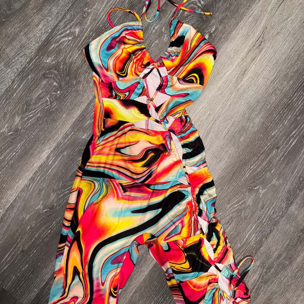 Psychedelic Wavy Print Backless Cutout Halter Jumpsuit